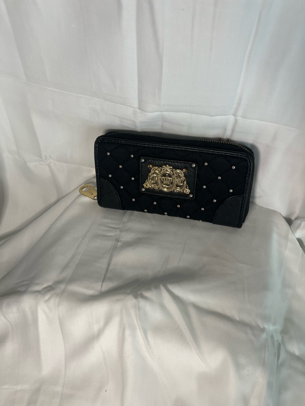 Juicy Couture Black Quilted Zip Wallet with Gold Crest